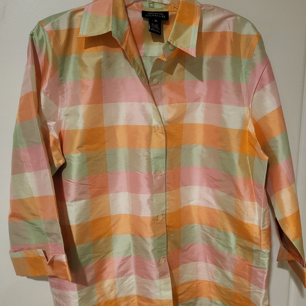 Jones New York Signature Womens Silk Shirt Orange Pink Green Ivory Size …